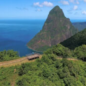 Couple overlooking the Pitons during a private St. Lucia mountain tour